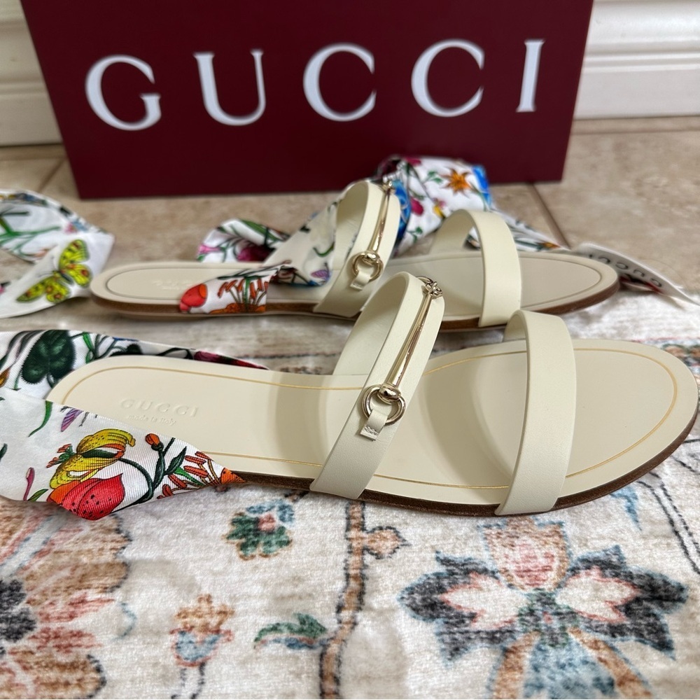 New authentic Gucci silk ankle wrap leather sandals size 37.5 - Picture 9 of 9